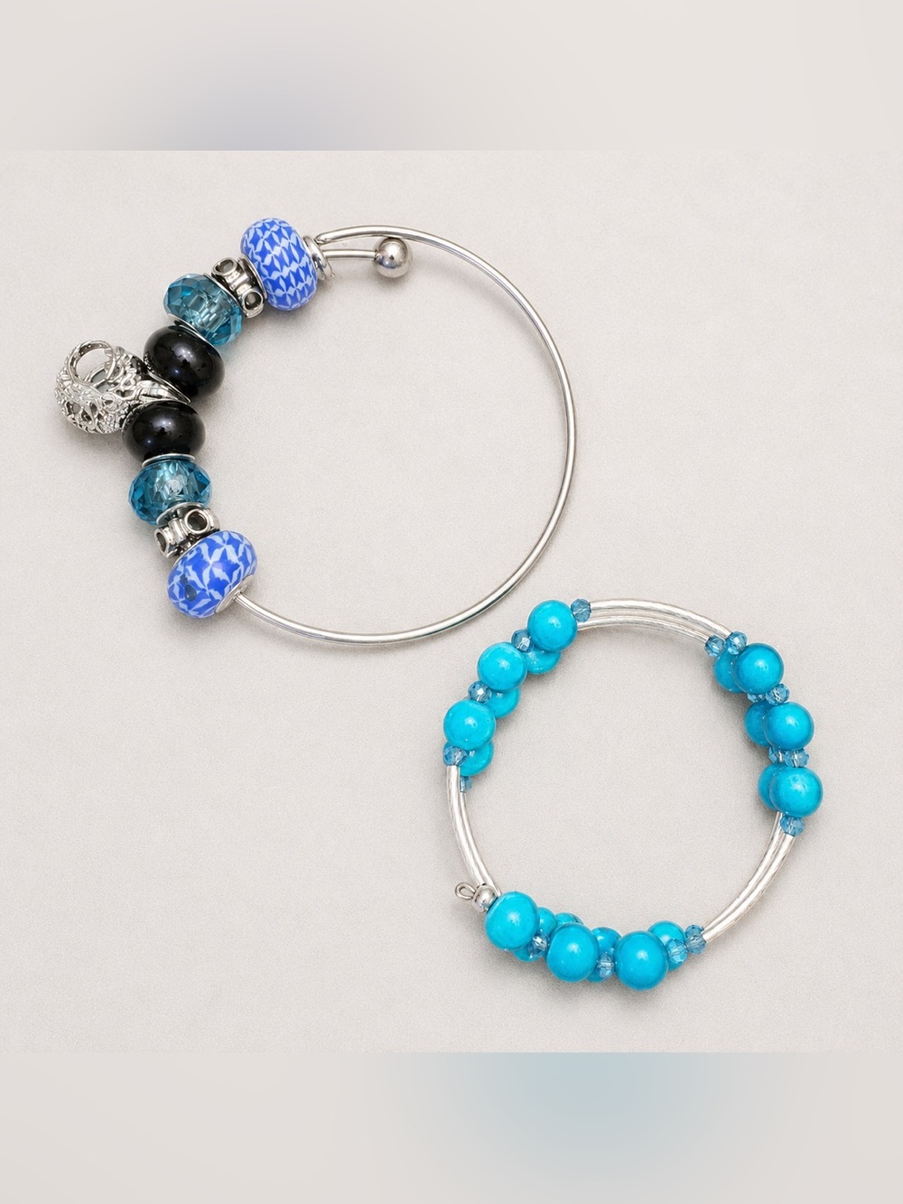 Blue & Turquoise Beaded Memory Wire Bracelet Lot – Set of 2